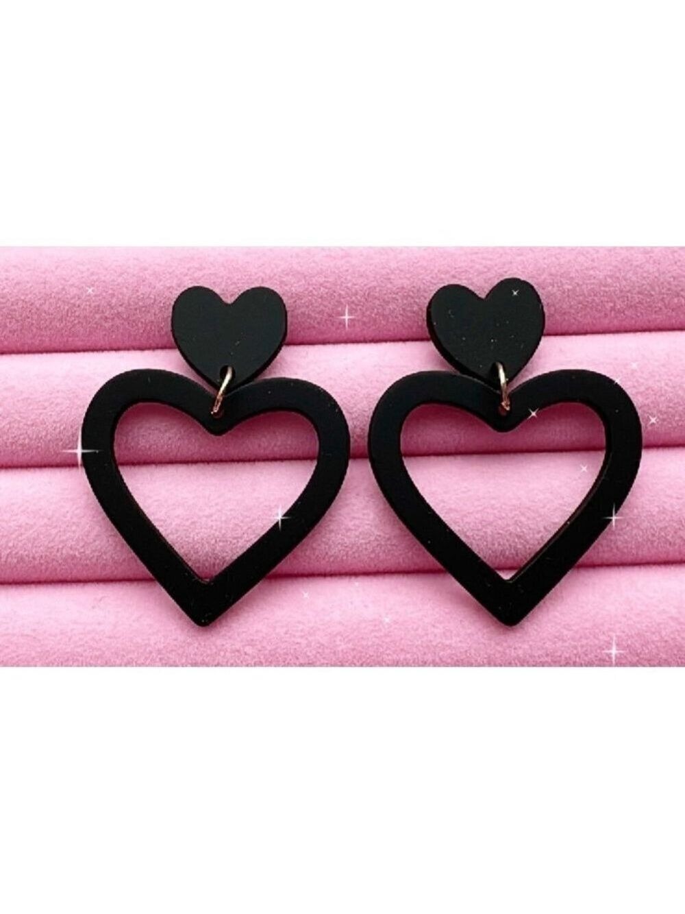 Women's Double‎ Black Heart Earrings Elegant and Classic
